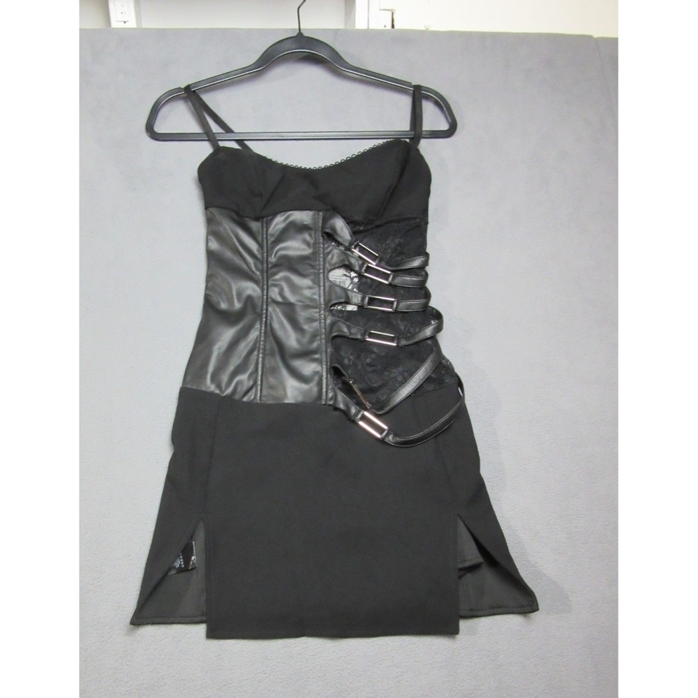 Outcast Castiel Mini Dress Womens M Black NEW Goth Faux Leather Buckle Straps